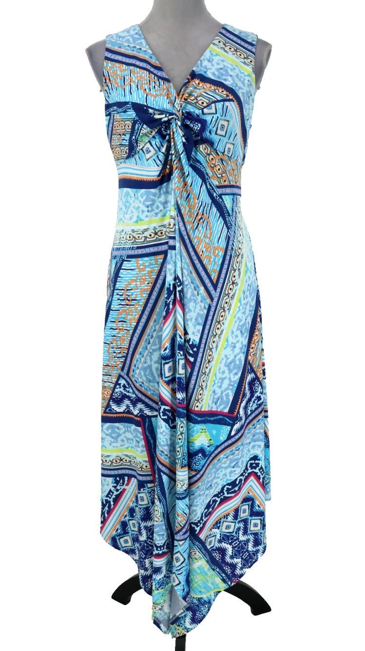 Chicos Dress 1 Womens 8 Medium Blue Print Stretch Knit Ruched Maxi Coastal Beach